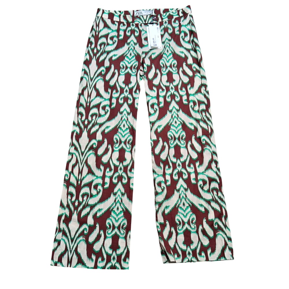 Zara NWT Ikat Damask Wide Leg Trousers Burgundy Green Cream NWT Size M